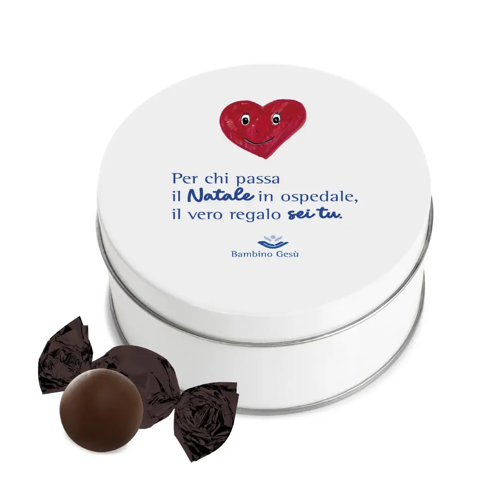 [CRT.24P.LAT.ROU.BIA.BAM.GES] Cartone 24 pezzi Latta Round Bianca con Boules alla crema nocciola 150 g con Tagliandino 8x8 - FONDAZIONE BAMBINO GESÙ